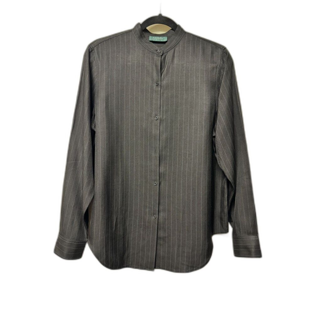 VINTAGE - LAUREN RALPH LAUREN Mandarin Collar Black/Gray Pinstripe Wool Blouse L